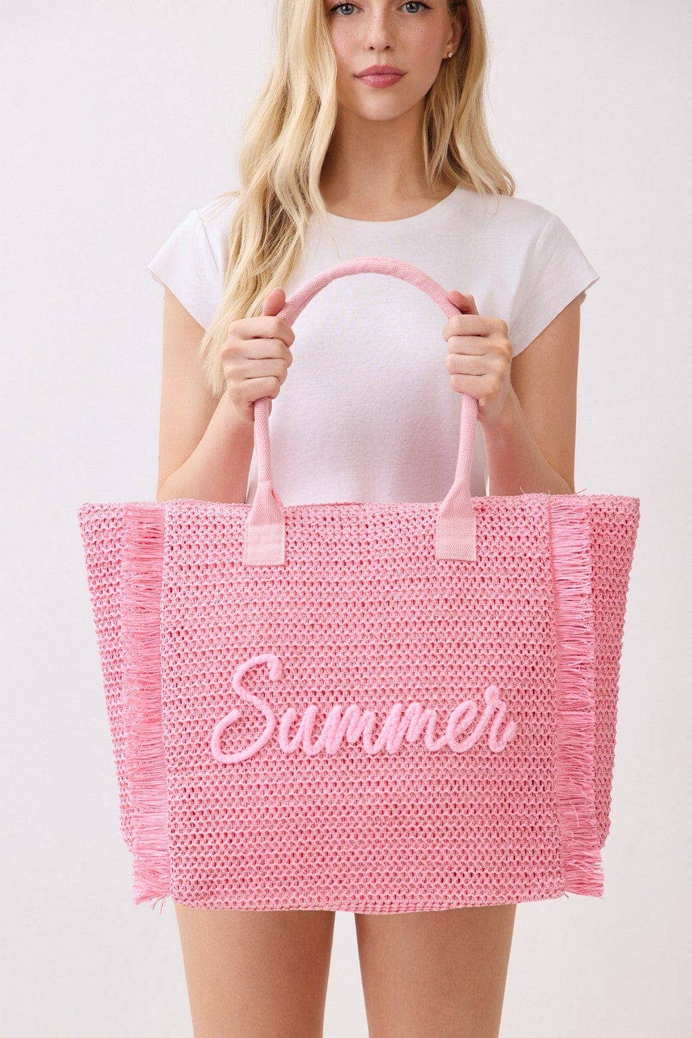 Straw Fringe Summer Beach Tote Bag: Pink