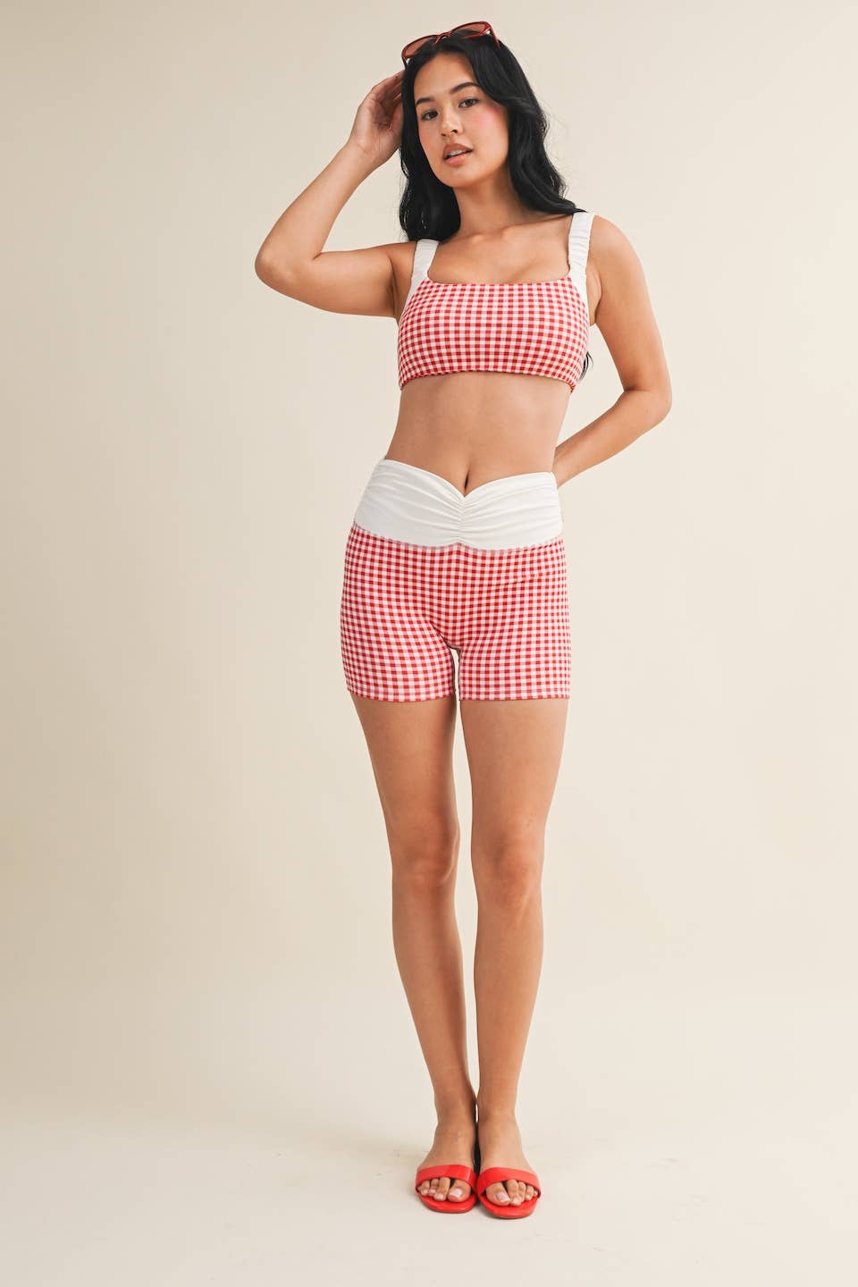 Gingham Print Scrunched Strap Sports Bra & Biker Short Set