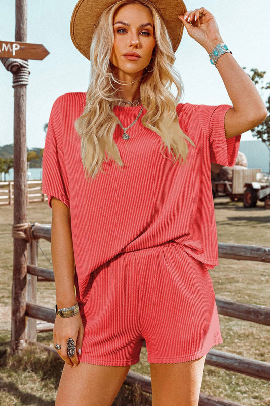 Ribbed Textured Knit Loose Fit Tee and Shorts Set