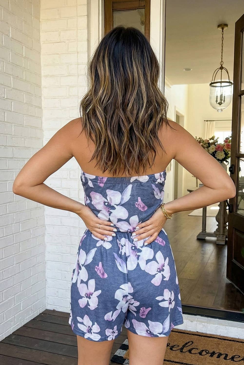 Floral Tie-dye Bandeau Romper With Pockets