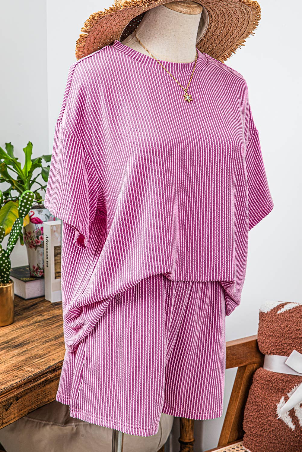 Ribbed Textured Knit Loose Fit Tee and Shorts Set