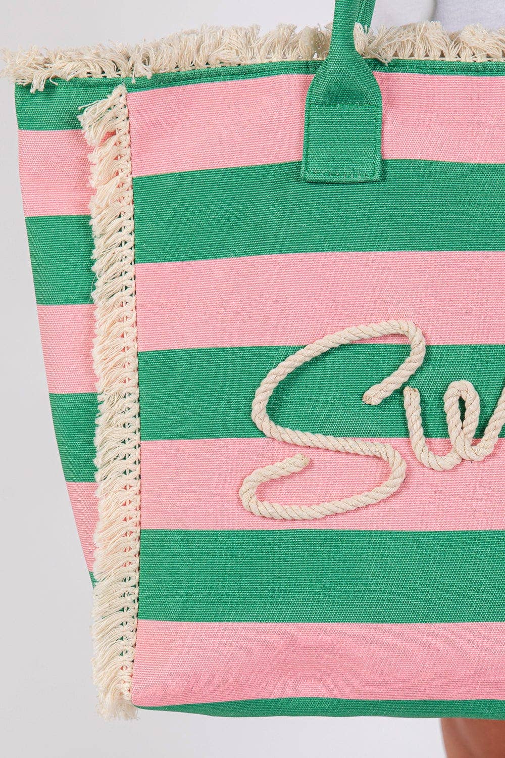 Sewn Tope Summer Letter Fringe Striped Tote Bag: Pink Green