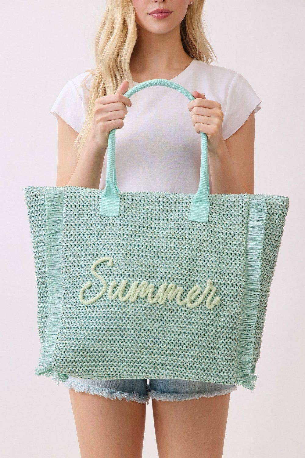 Straw Fringe Summer Beach Tote Bag: Beige