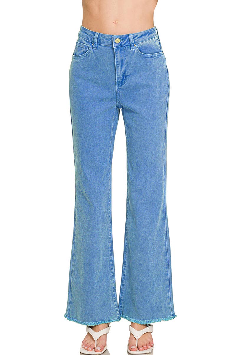 Acid Wash Frayed Hem Color Denim Jeans