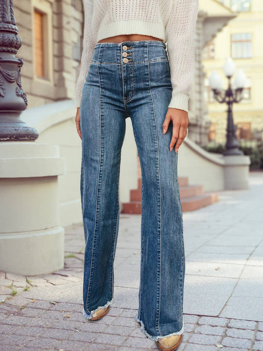 High Waist Button Fly Seamed Raw Hem Flare Jeans