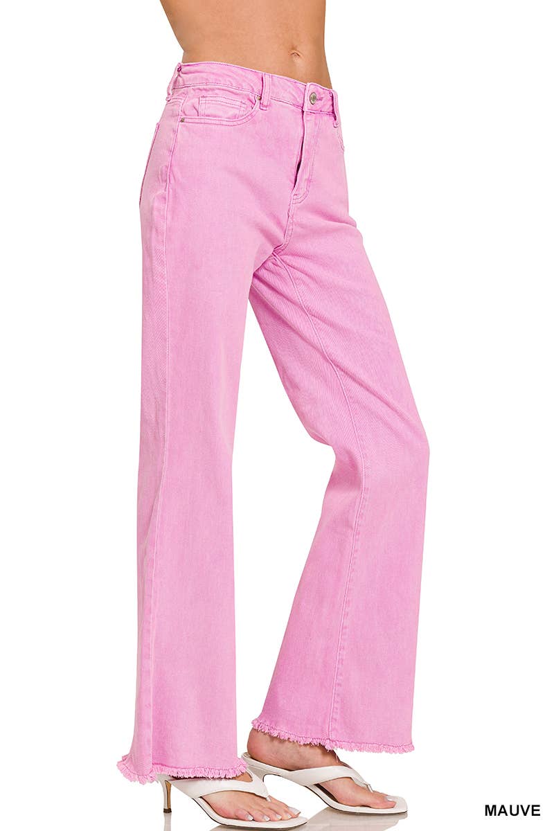 Acid Wash Frayed Hem Color Denim Jeans