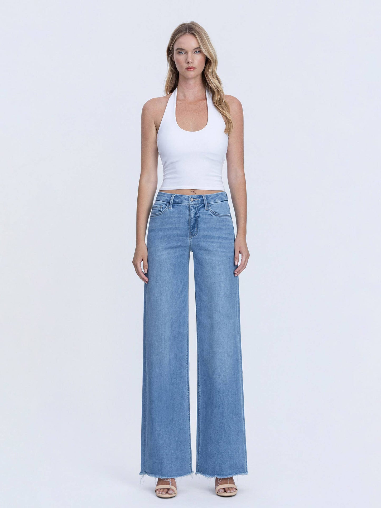 VERVET HIGH RISE MEDIUM WASH FRAYED HEM WIDE LEG JEANS