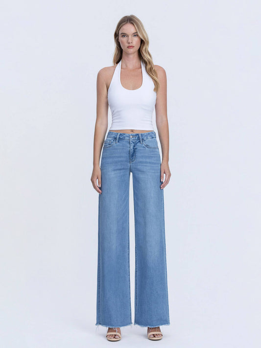 VERVET HIGH RISE MEDIUM WASH FRAYED HEM WIDE LEG JEANS