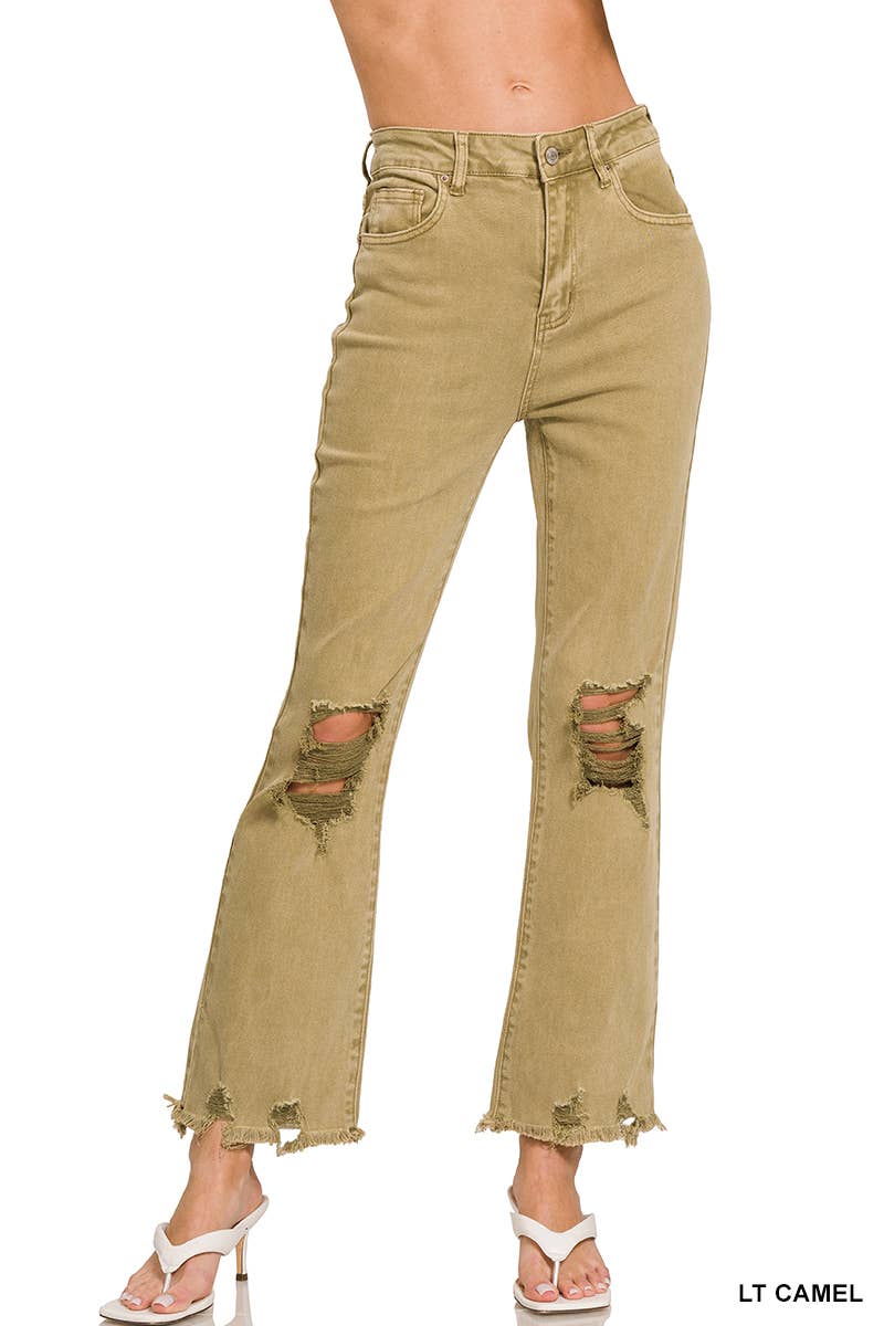 ACID WASHED HIGH WAIST DISTRESSED PANTS