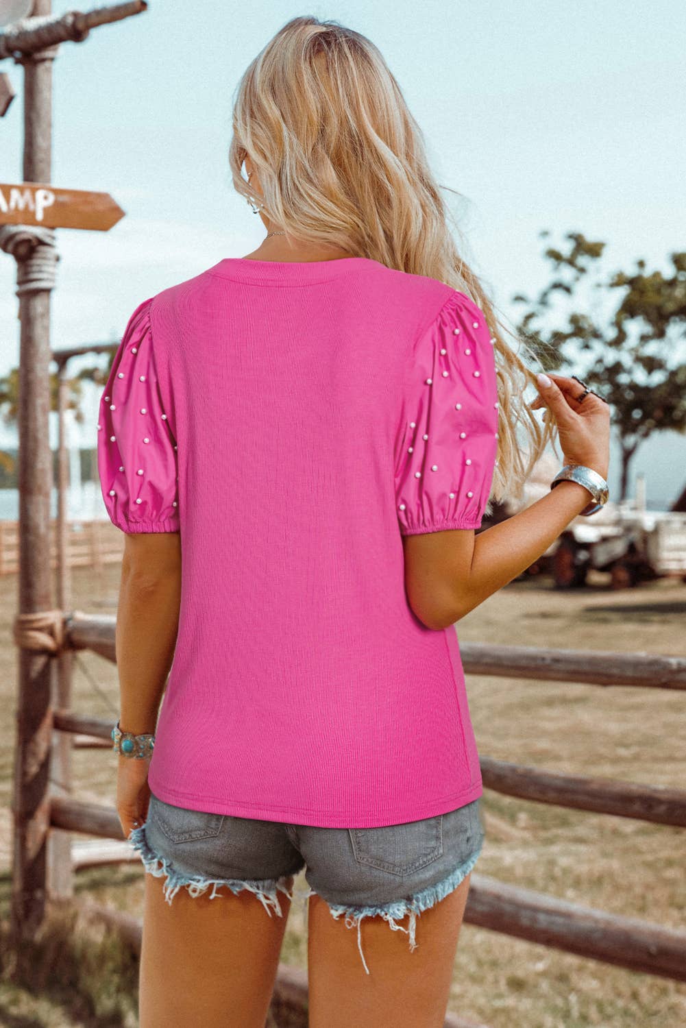 Pearl Beaded Puff Sleeve Top