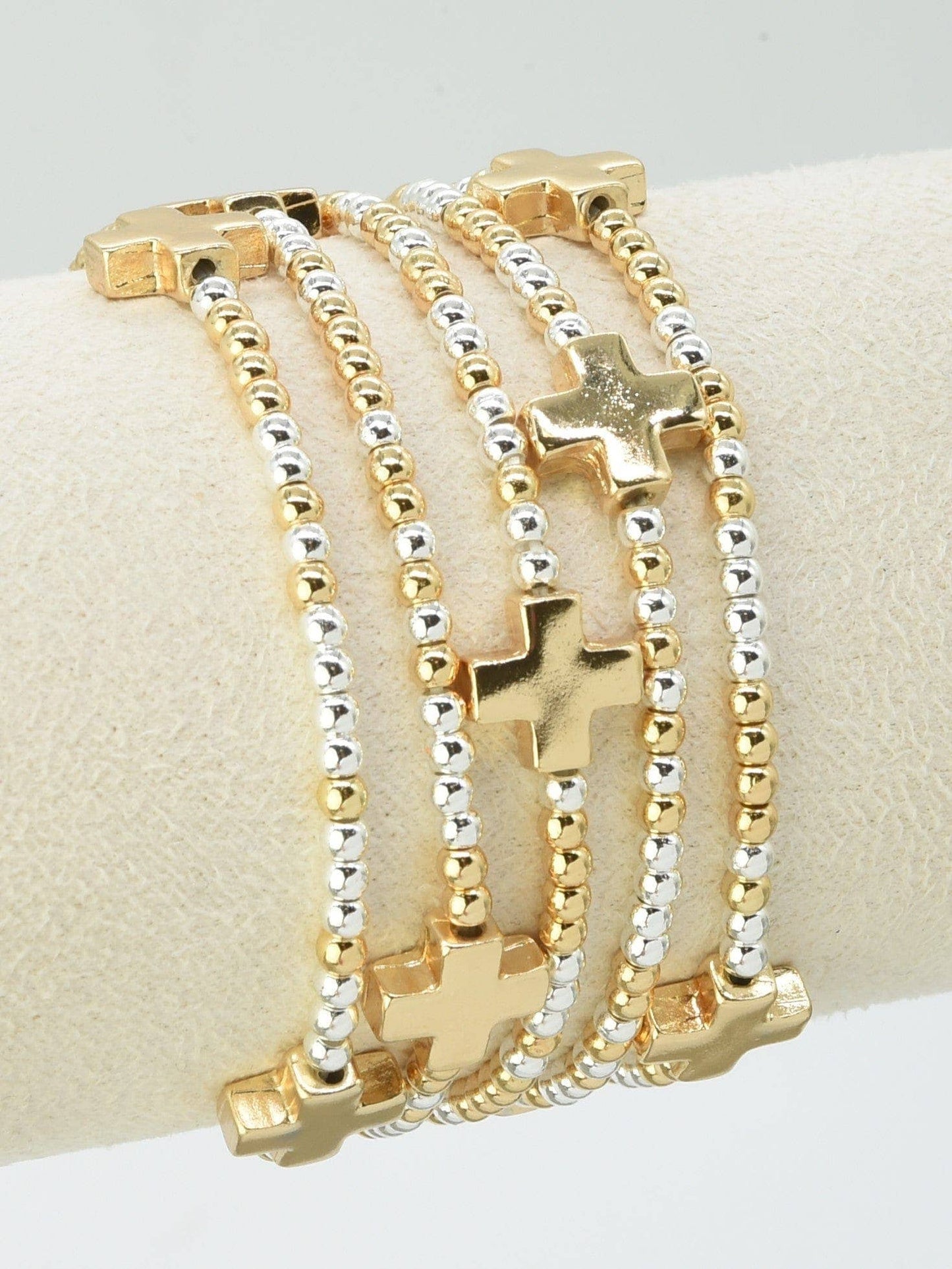 CB2259 5 Piece Cross Beaded Bracelet Set: Silver