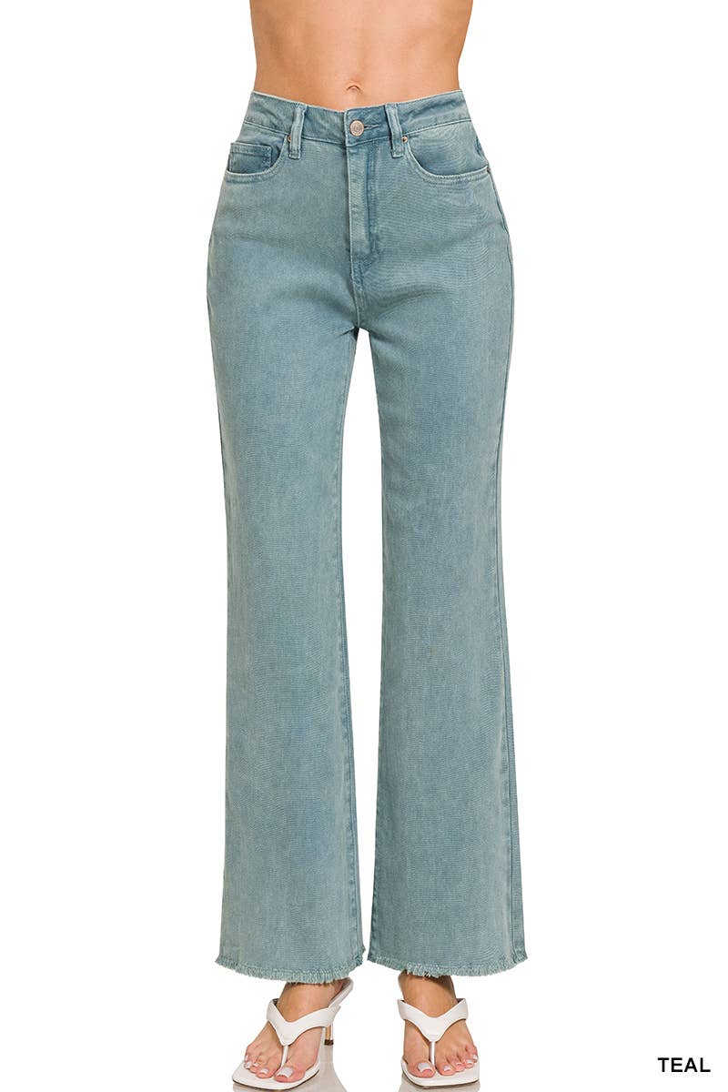 Acid Wash Frayed Hem Color Denim Jeans