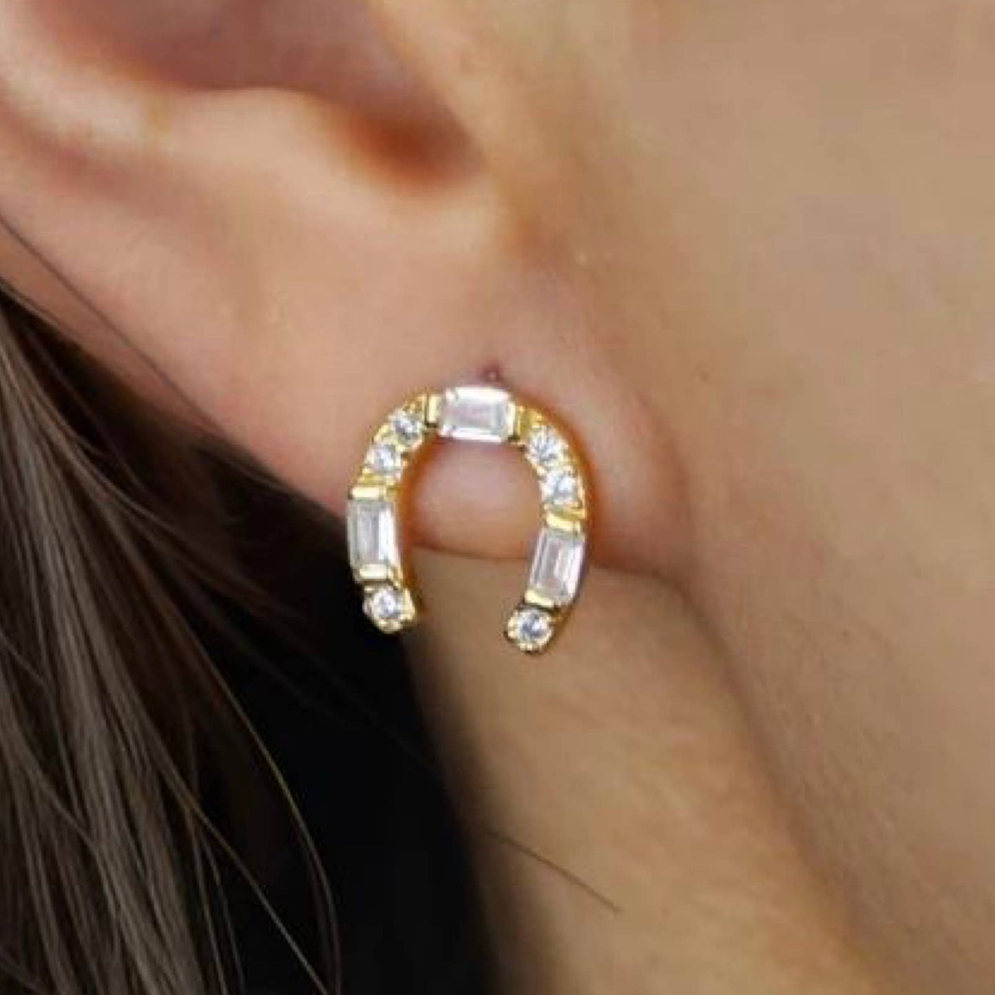 Gold Sterling Silver Horseshoe Earrings Cubic Zirconia 