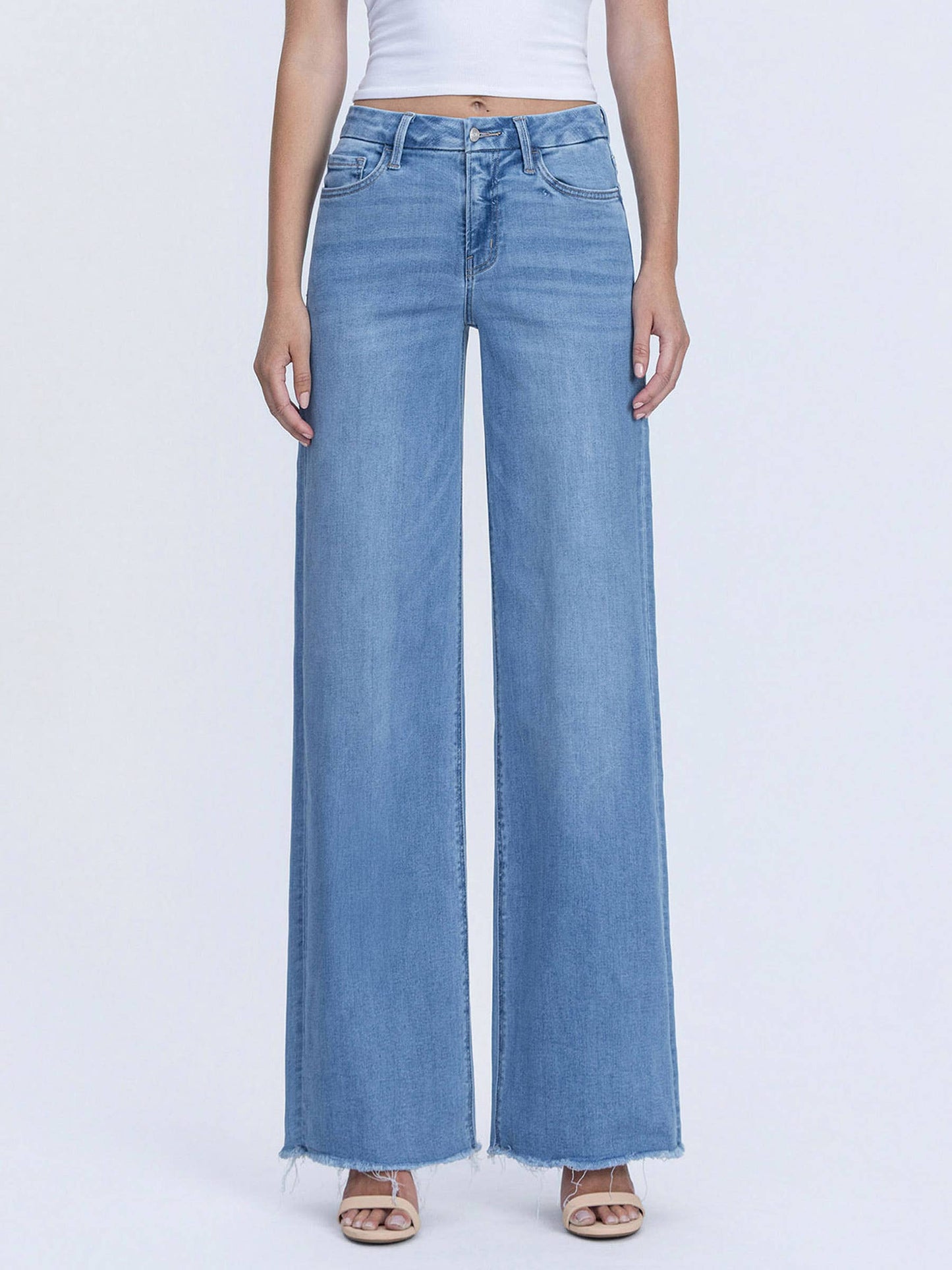 VERVET HIGH RISE MEDIUM WASH FRAYED HEM WIDE LEG JEANS