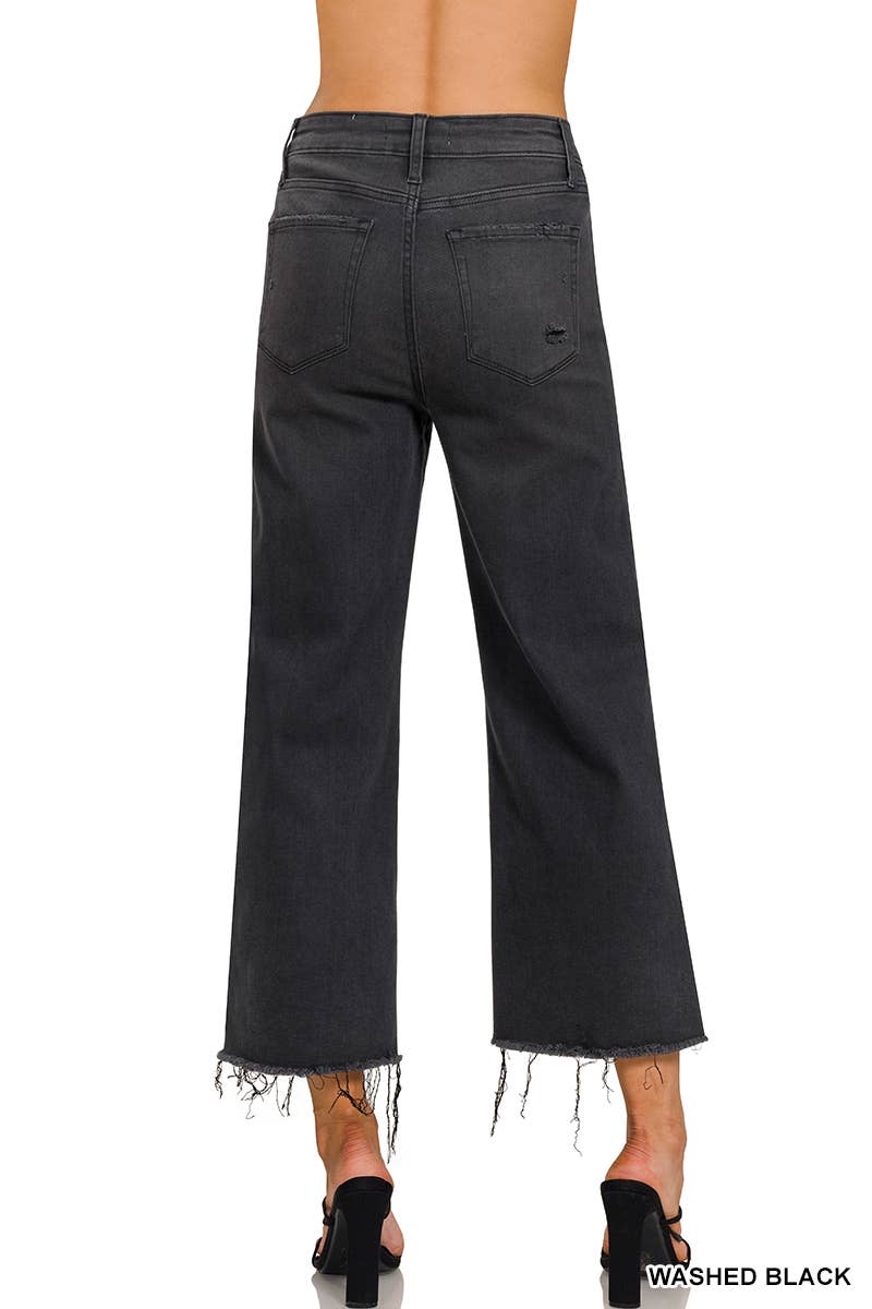 HIGH RISE WASHED BLACK CROPPED JEAN PANTS
