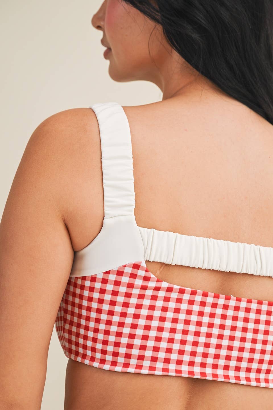 Gingham Print Scrunched Strap Sports Bra & Biker Short Set