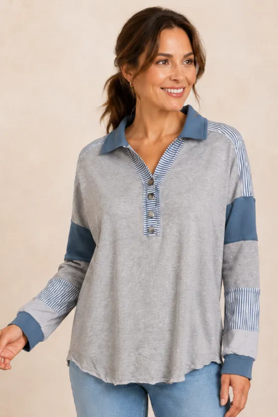 FRENCH TERRY STRIPE TRIM PULLOVER