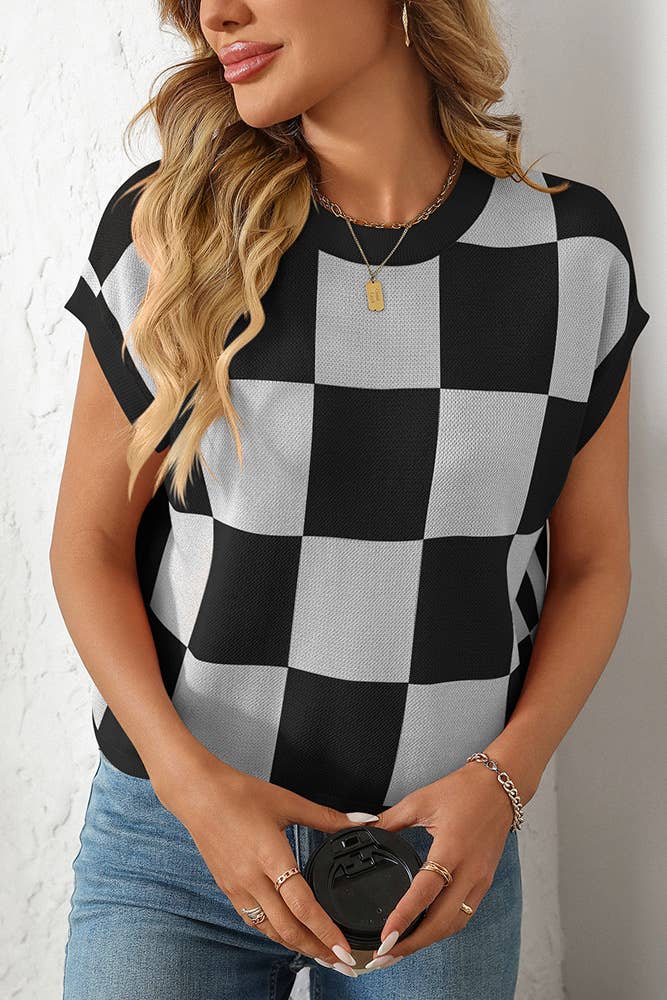 Cropped Color Block Crewneck Knit Checkerboard Sweater MD167