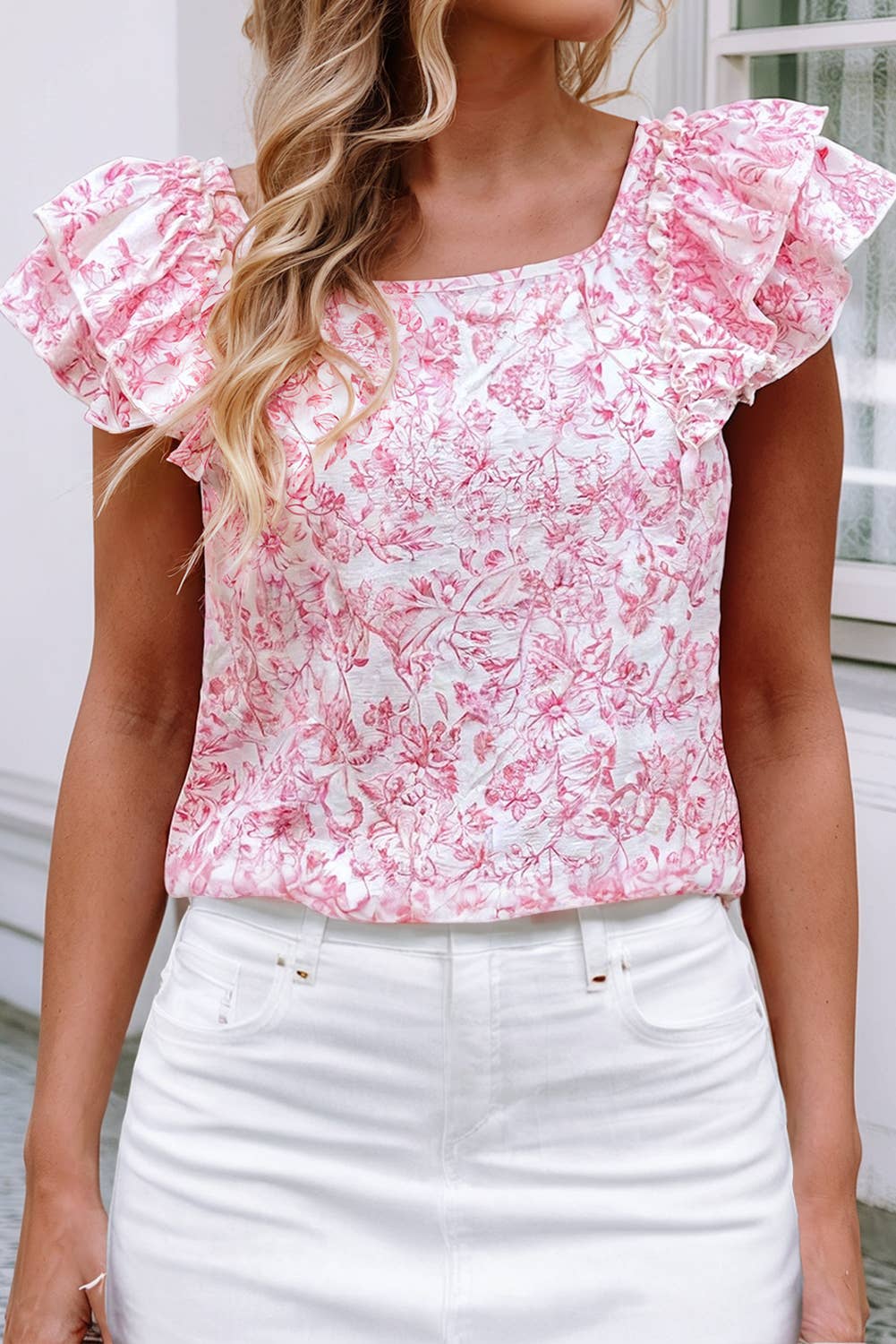 LDC Floral Ruffled Short Sleeve Square Neck Bow Back Blouse