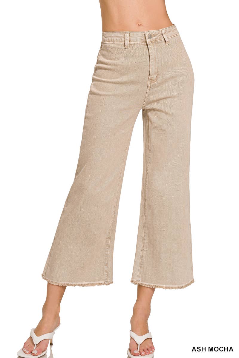 Acid Washed High Waist Frayed Hem Straight Wide Pan