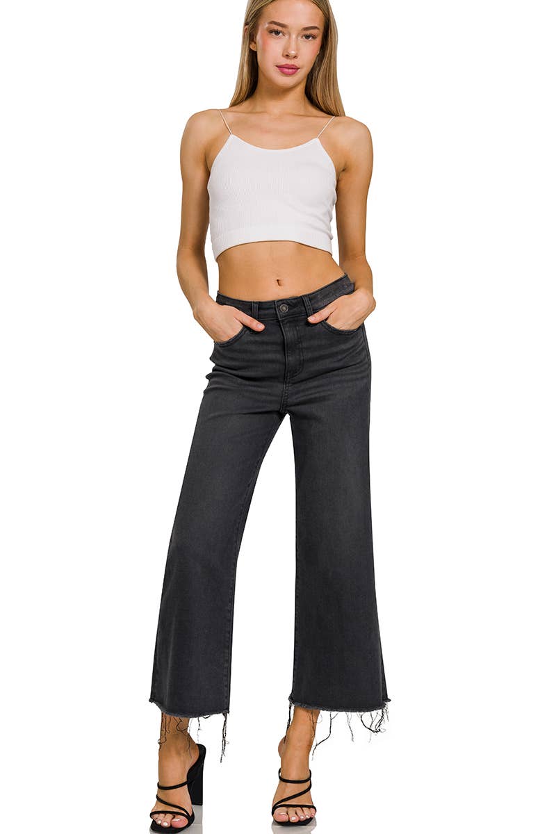 HIGH RISE WASHED BLACK CROPPED JEAN PANTS