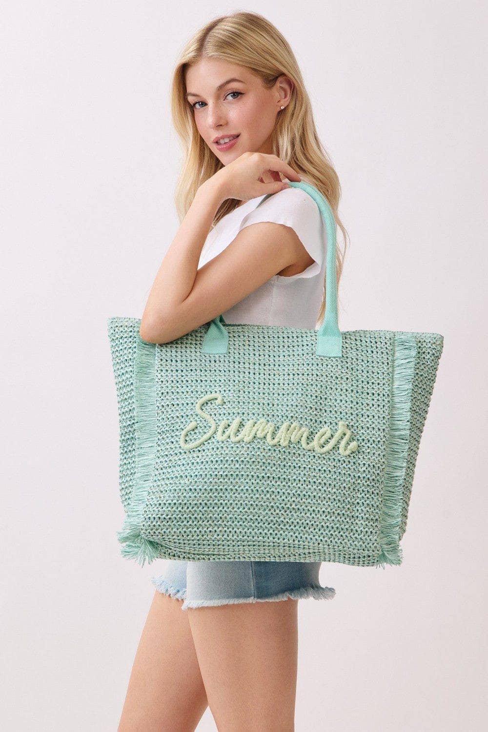 Straw Fringe Summer Beach Tote Bag: Pink