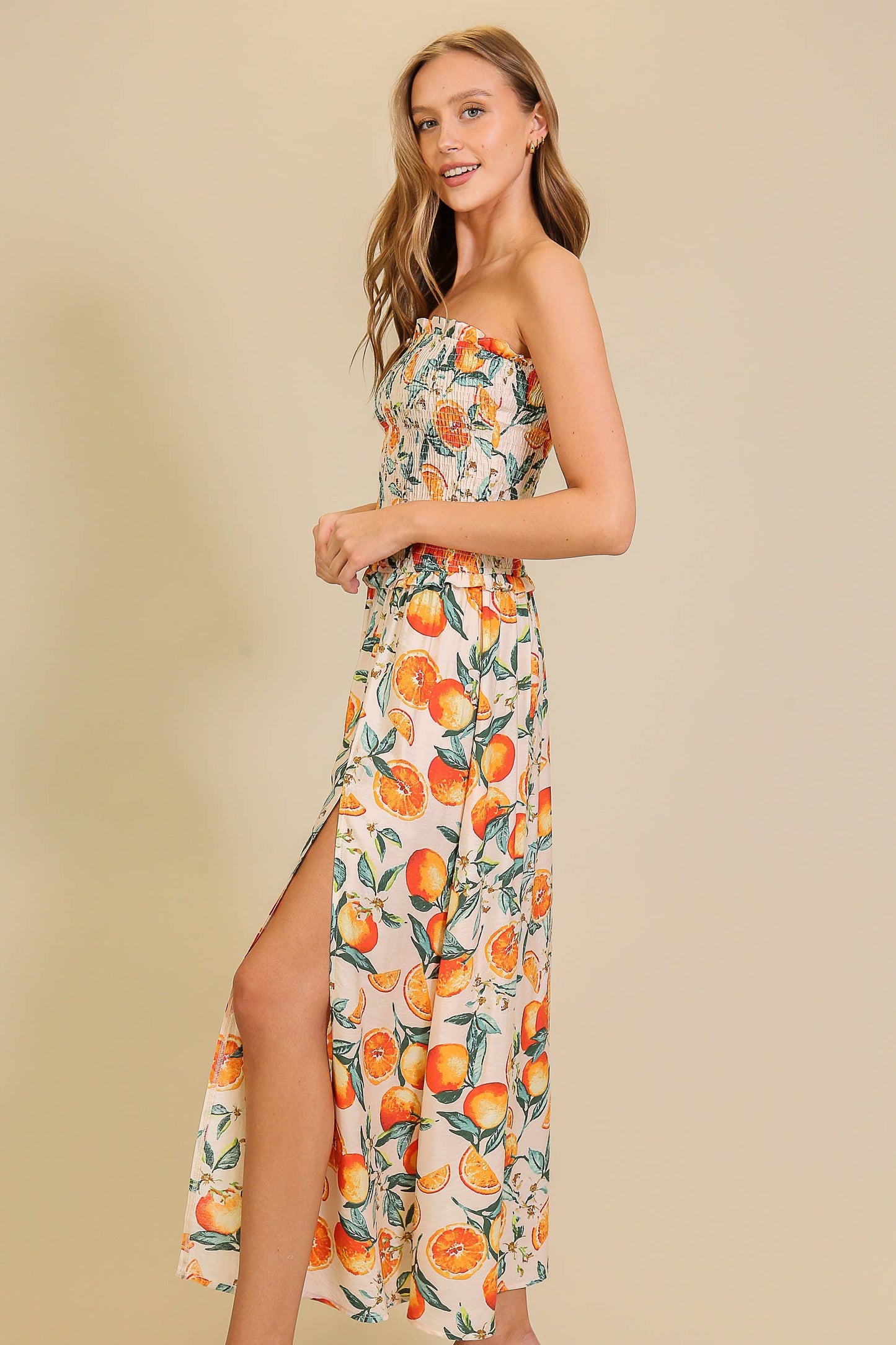 Strapless Citrus Print Maxi Dress