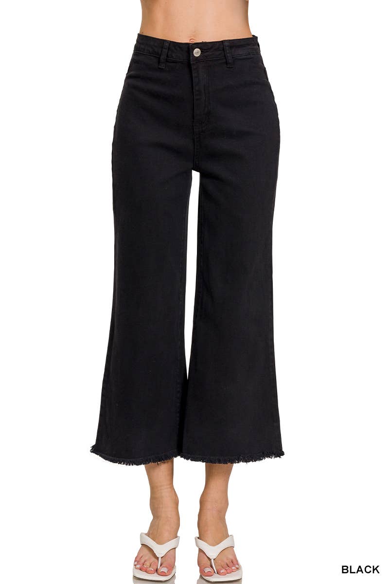 Acid Washed High Waist Frayed Hem Straight Wide Pan