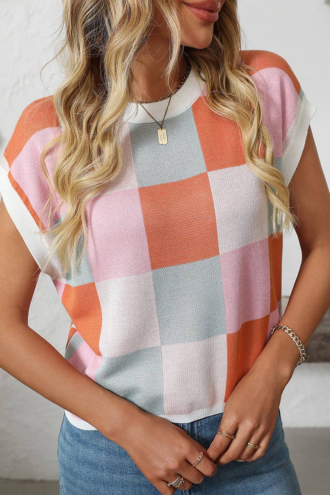 Cropped Color Block Crewneck Knit Checkerboard Sweater MD167