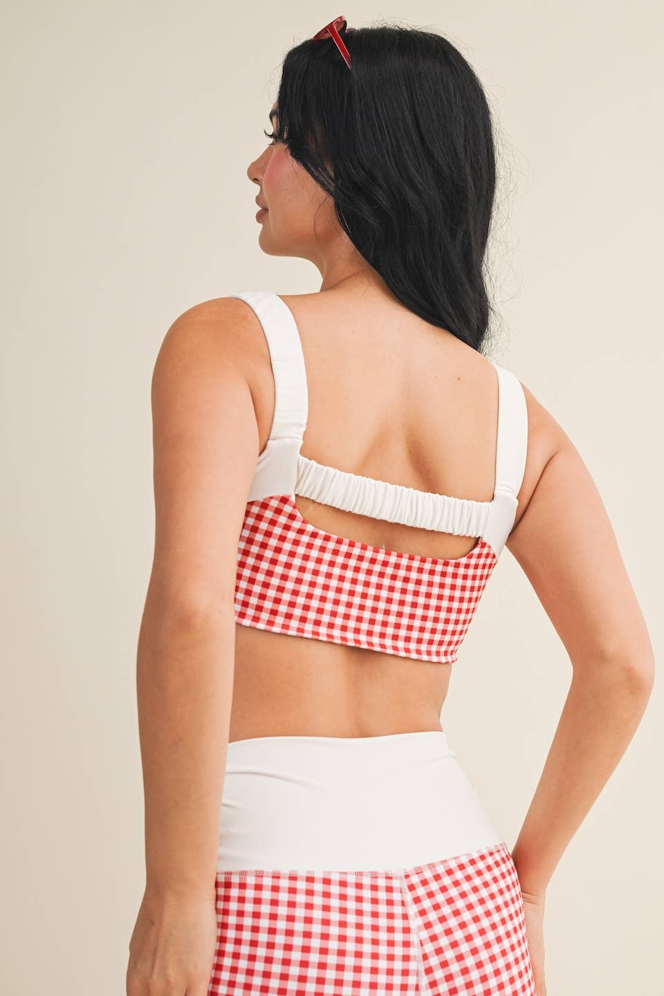 Gingham Print Scrunched Strap Sports Bra & Biker Short Set