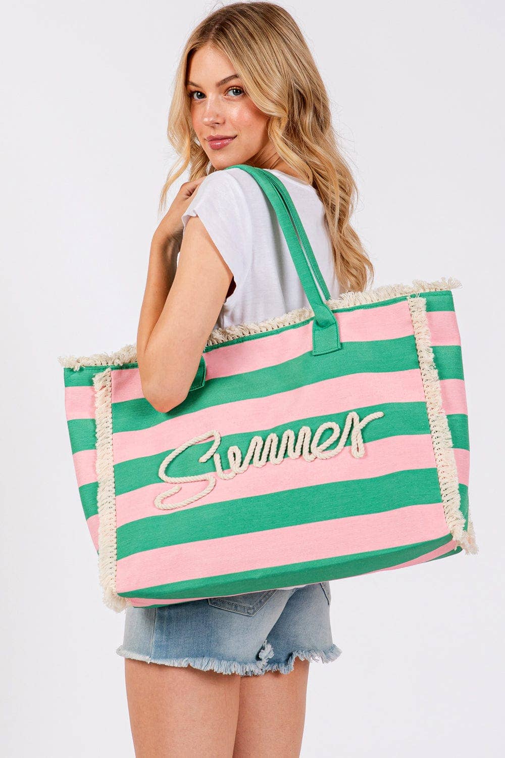 Sewn Tope Summer Letter Fringe Striped Tote Bag: Pink Green