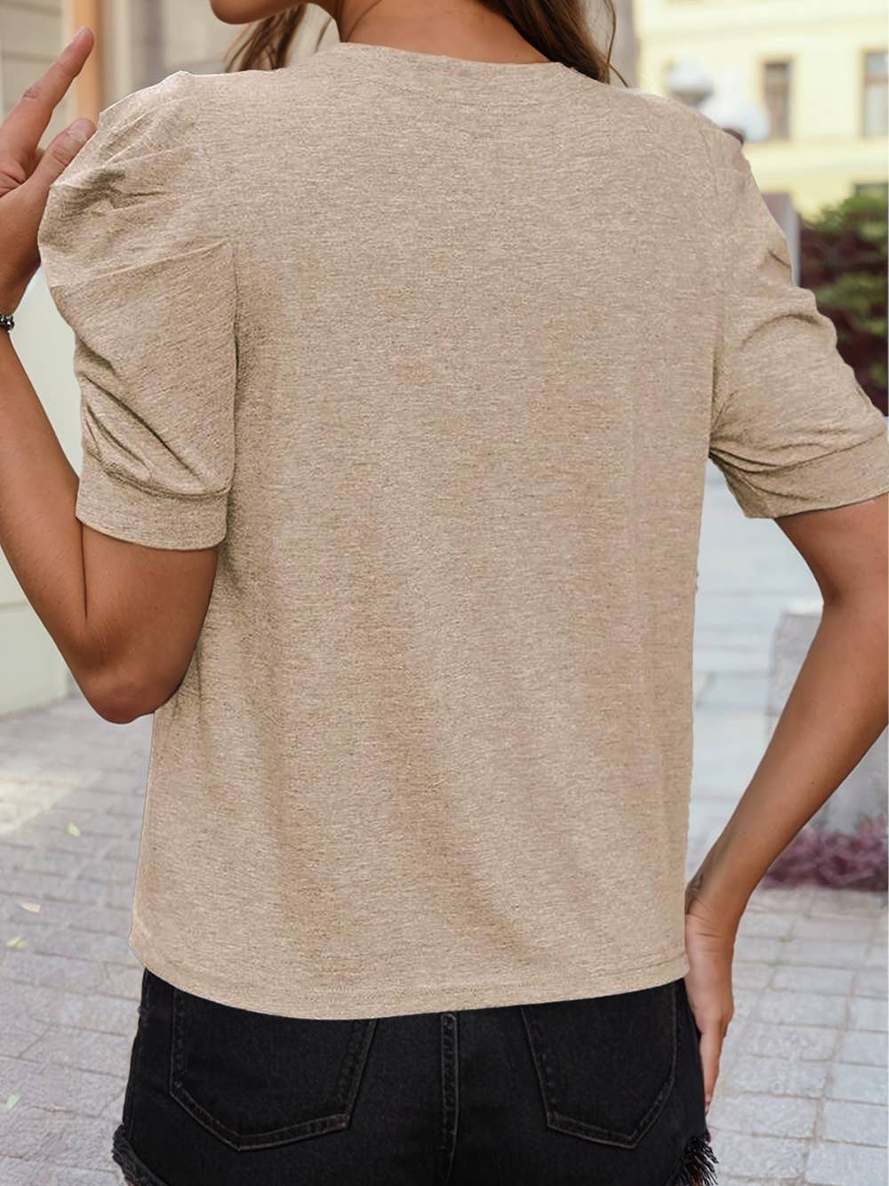 Solid Color Ruched Puff Sleeve T Shirt