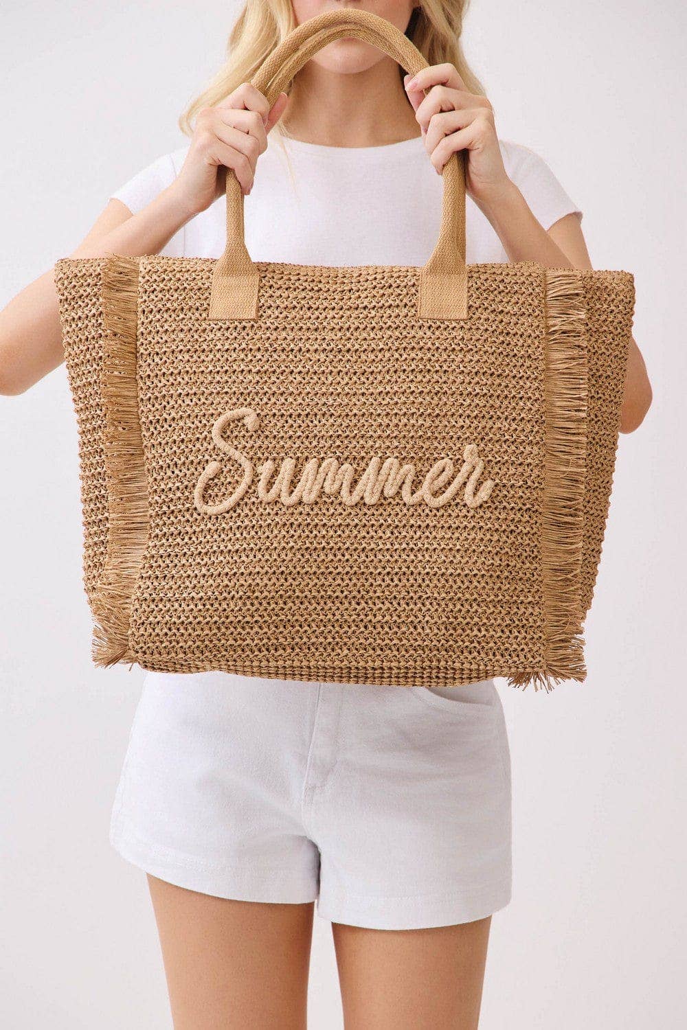 Straw Fringe Summer Beach Tote Bag: Pink