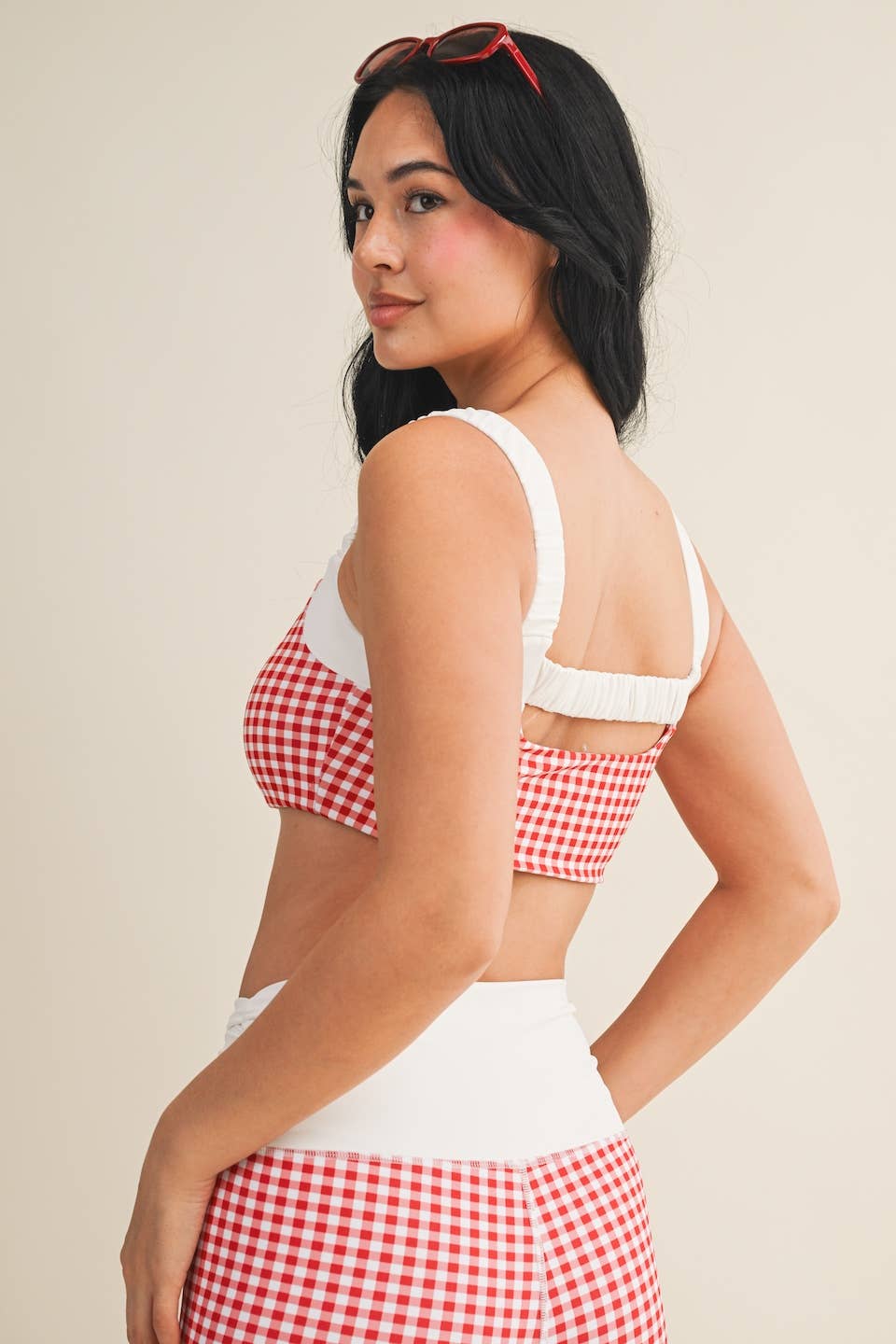 Gingham Print Scrunched Strap Sports Bra & Biker Short Set