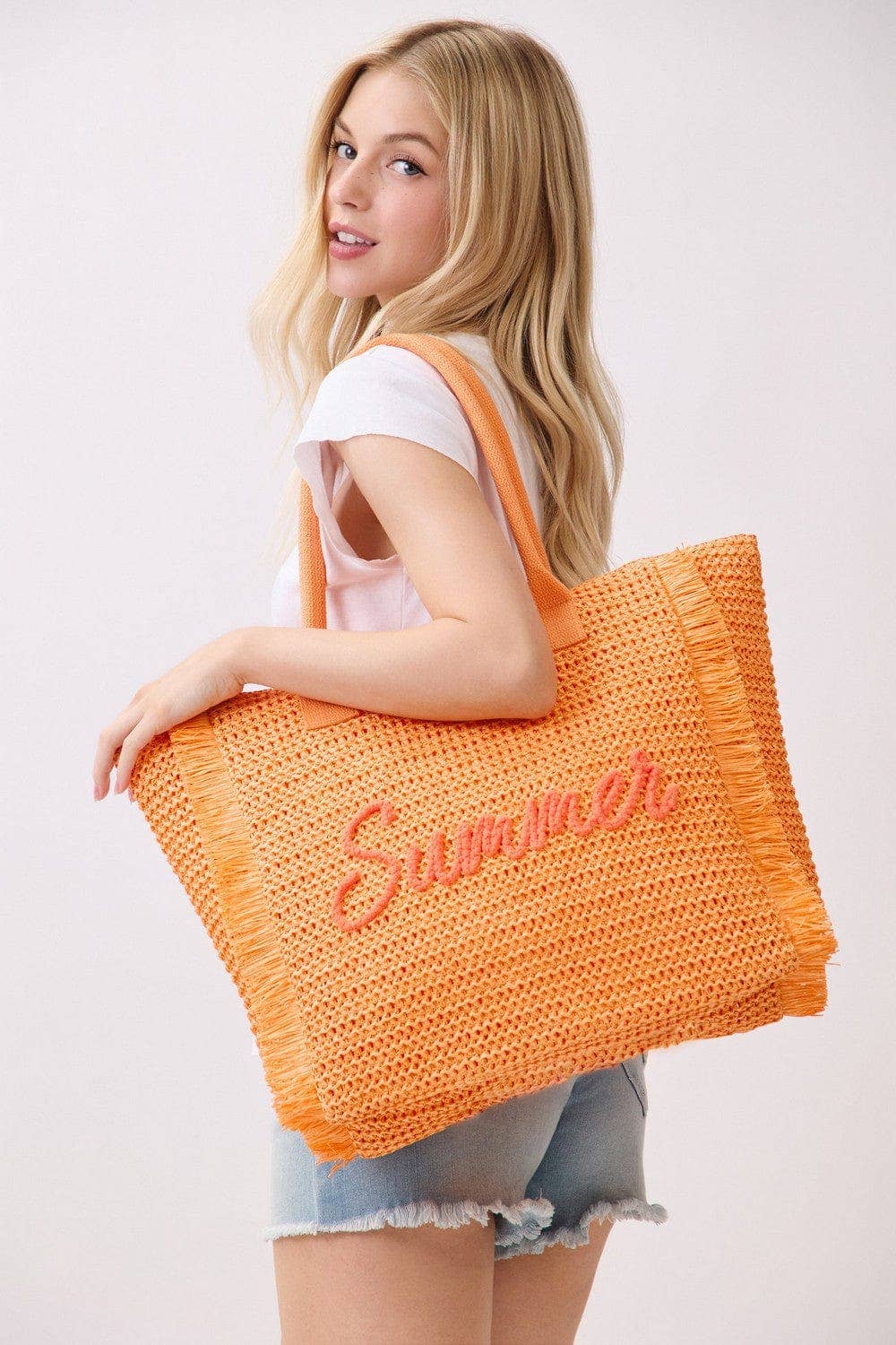 Straw Fringe Summer Beach Tote Bag: Pink