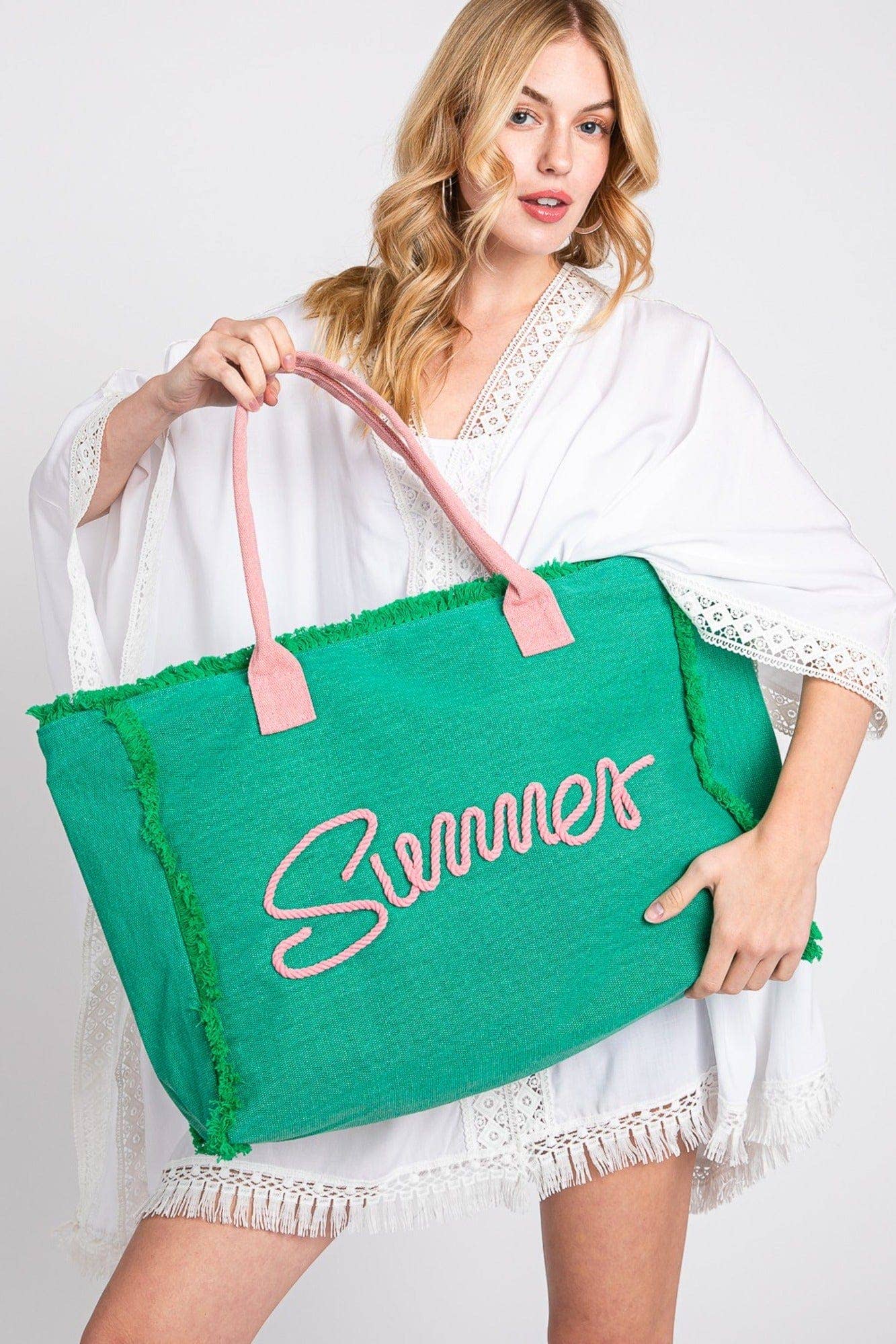 Sewn Rope Summer Letter Fringe Tote Bag: Orange