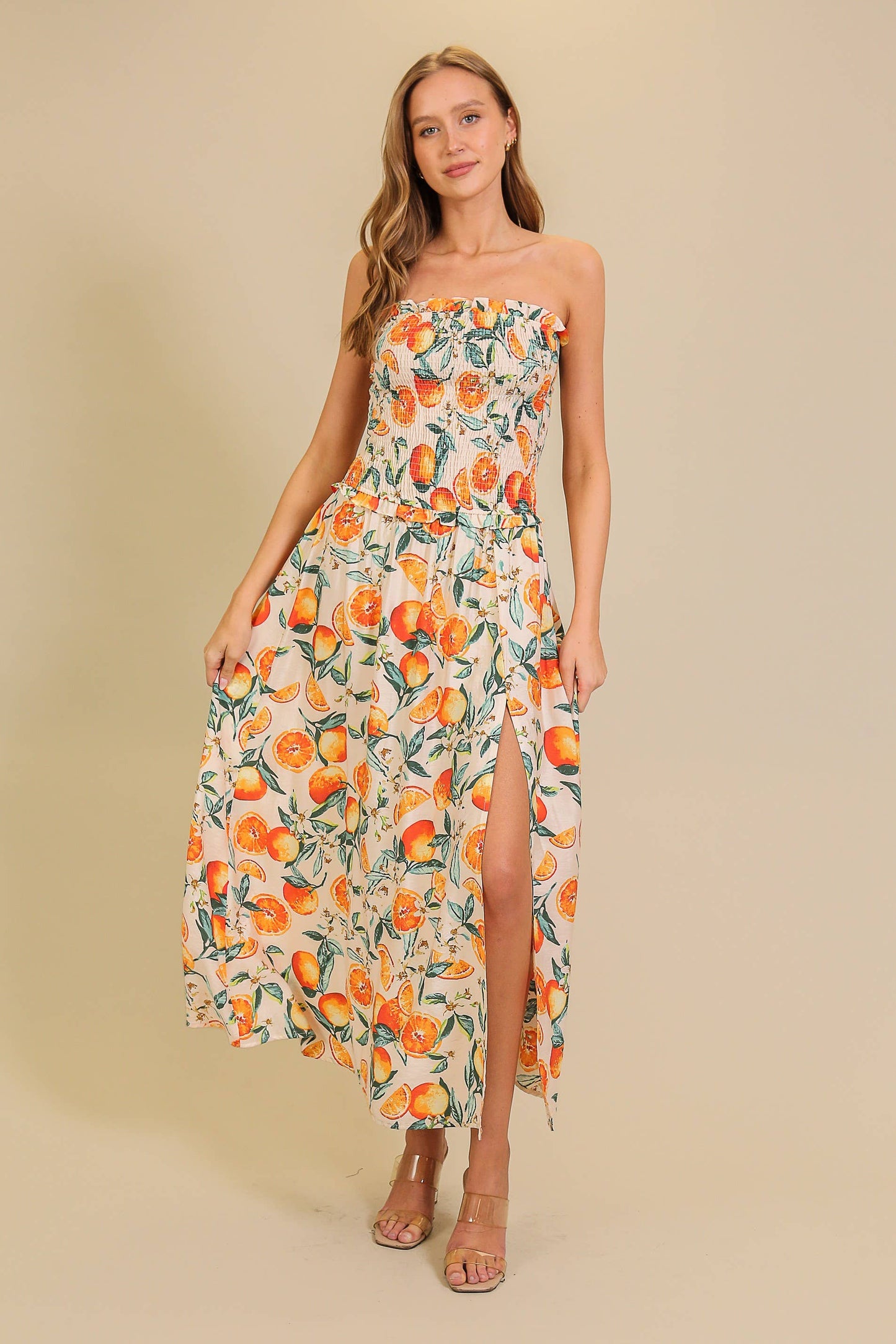 Strapless Citrus Print Maxi Dress