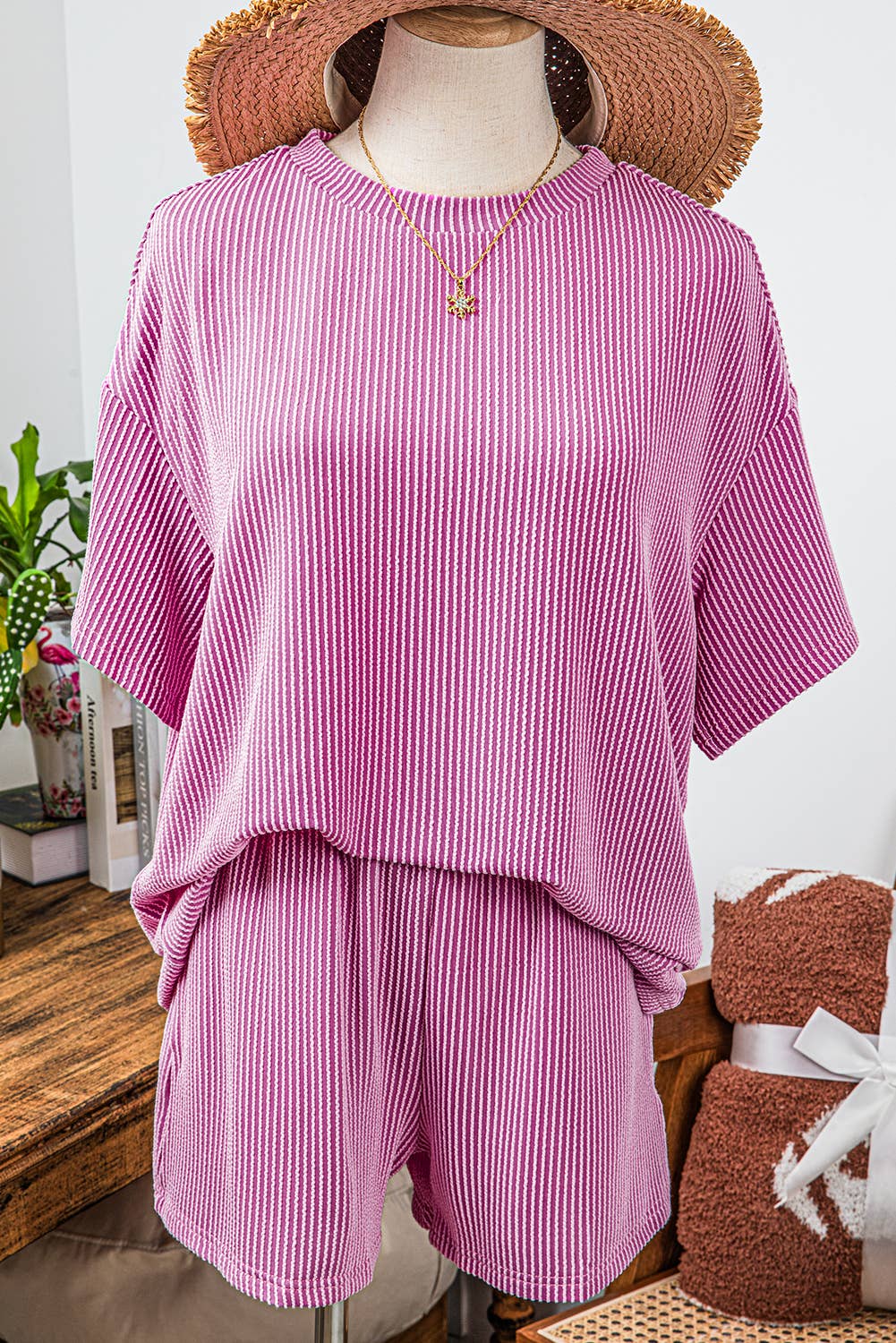 Ribbed Textured Knit Loose Fit Tee and Shorts Set