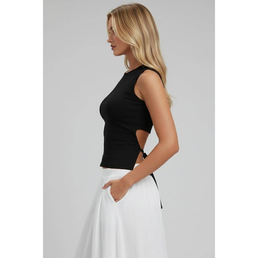 Sleeveless Mock Neck Top w Back Tie