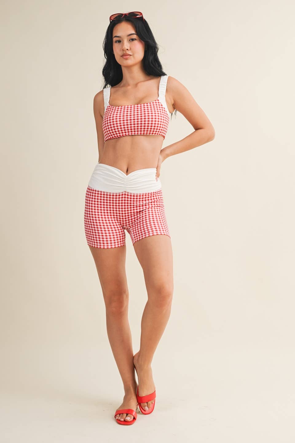 Gingham Print Scrunched Strap Sports Bra & Biker Short Set