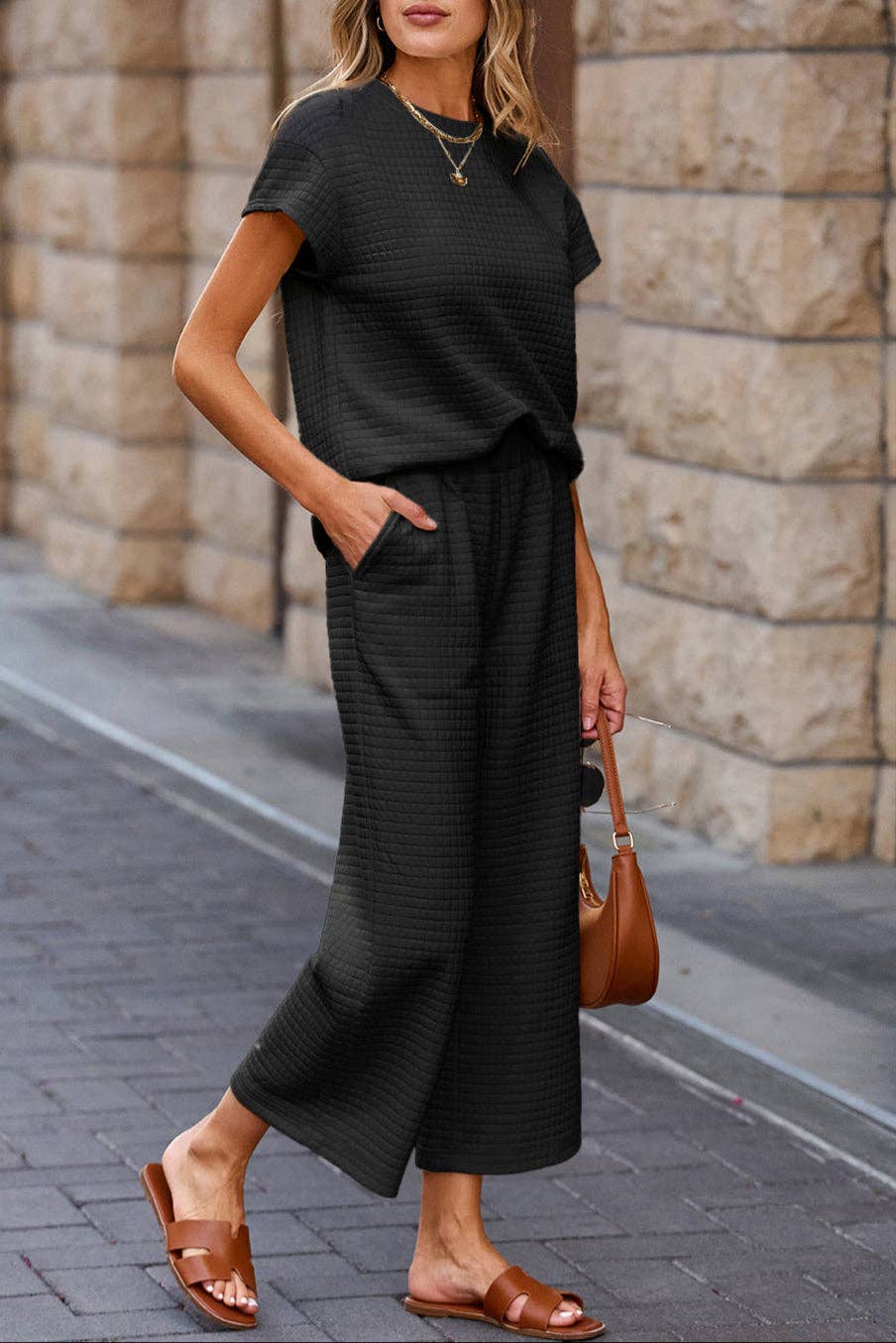 Solid Textured Top and Pants Set