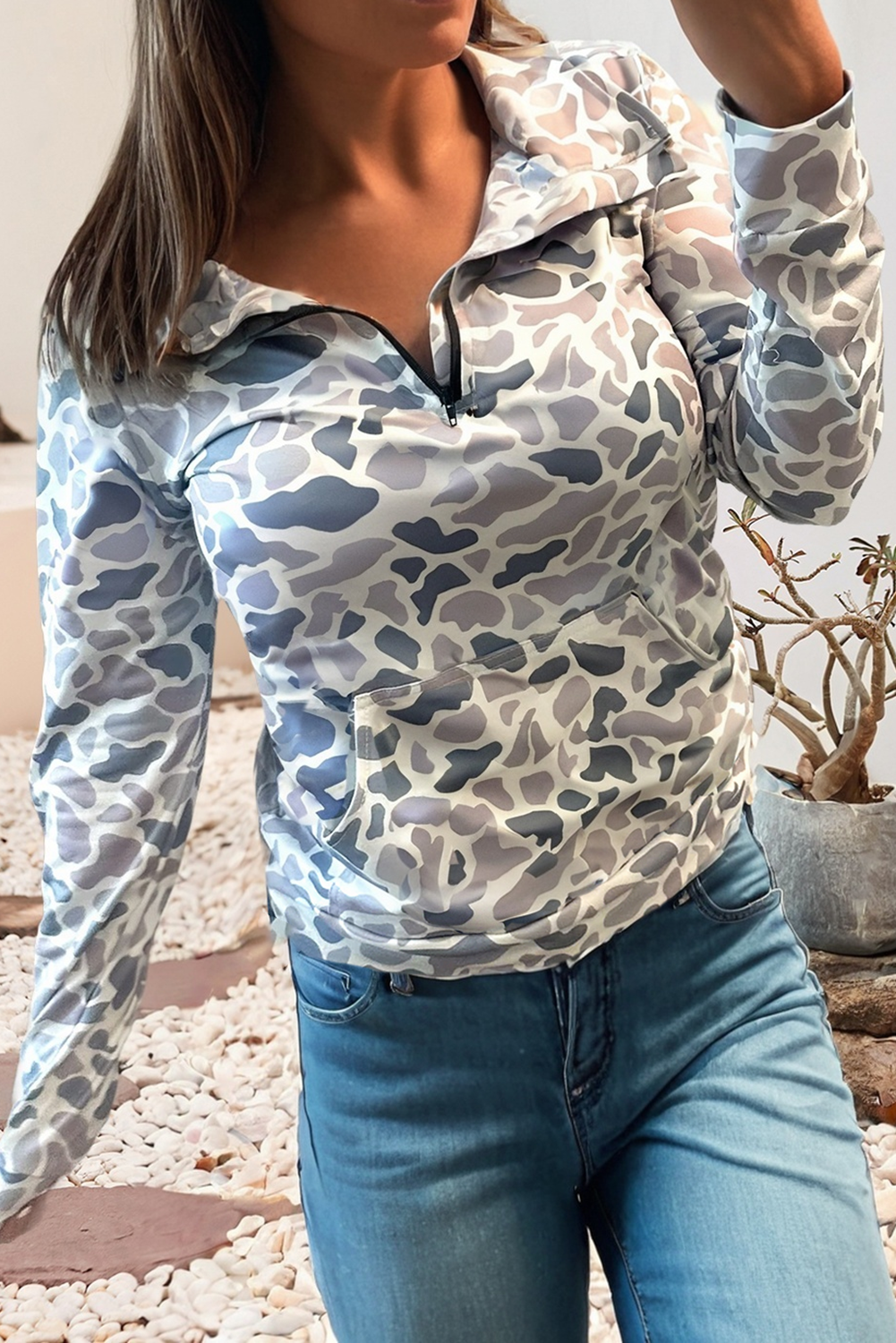 V Neck Shift Camo Pullover
