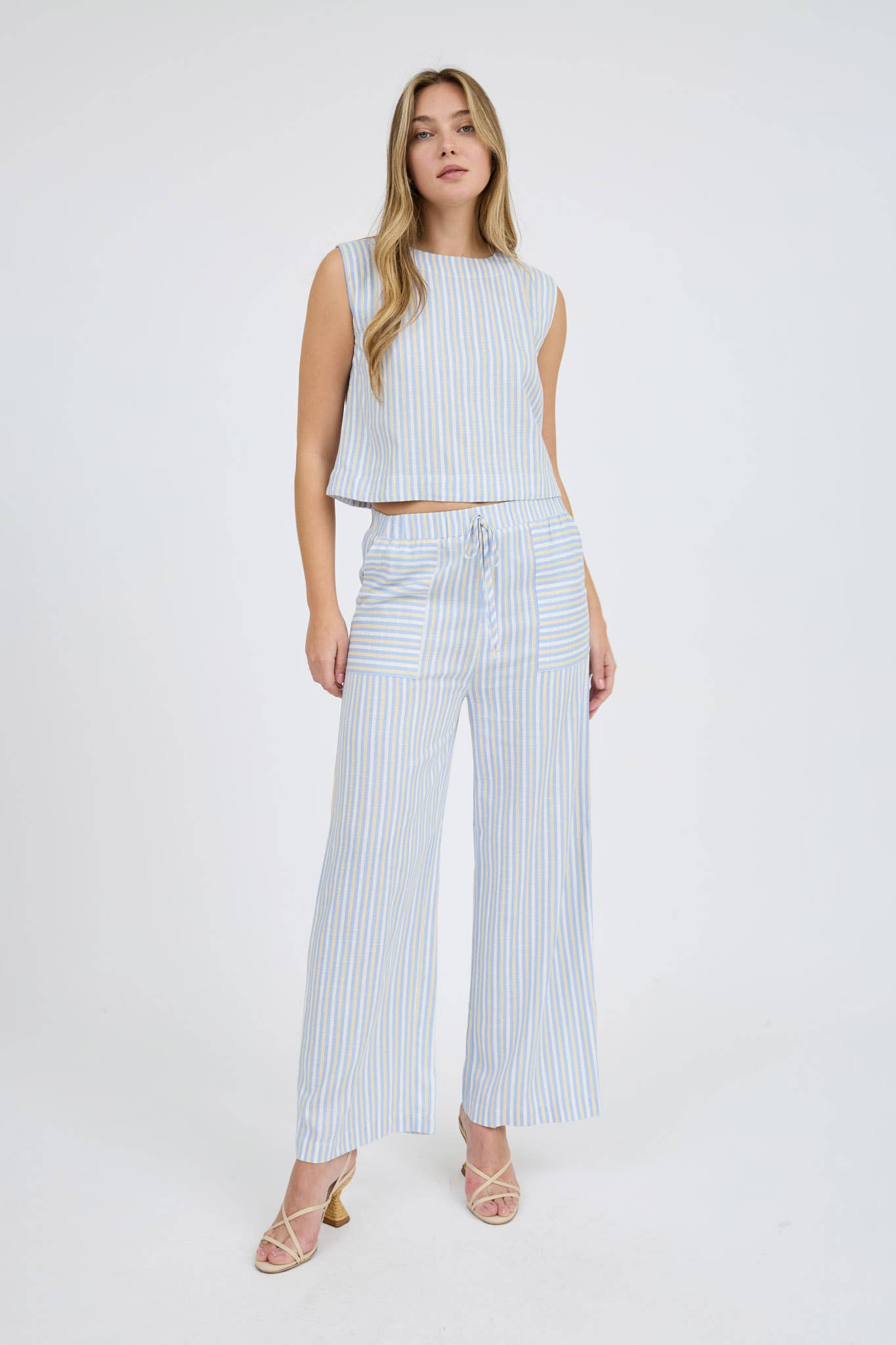 STRIPE SLEEVELESS BLOUSE WIDE LEG PANT SET