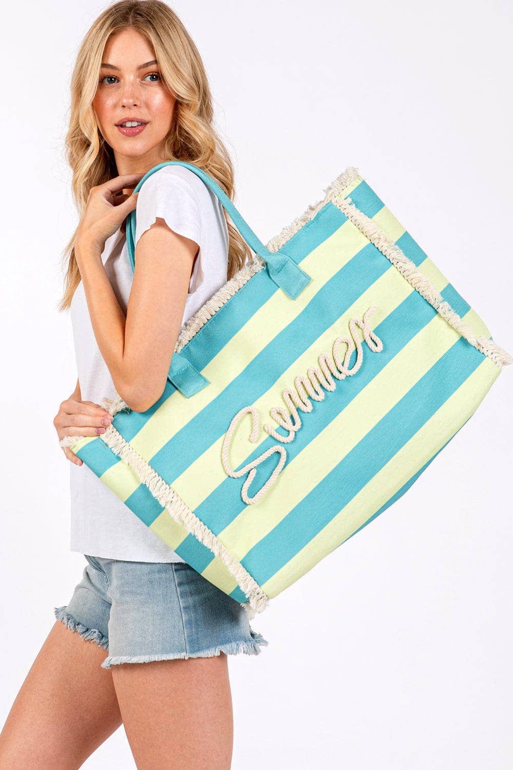 Sewn Tope Summer Letter Fringe Striped Tote Bag: Pink Green