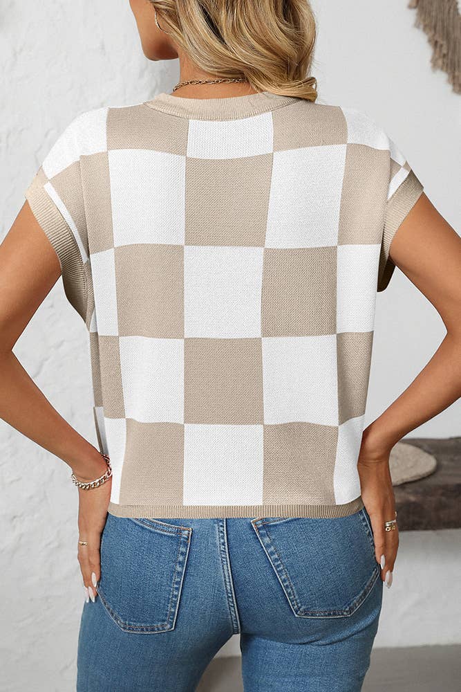 Cropped Color Block Crewneck Knit Checkerboard Sweater MD167