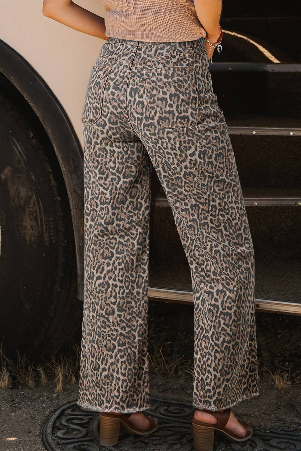 Leopard Frayed Edge Wide Leg High Waist Jeans