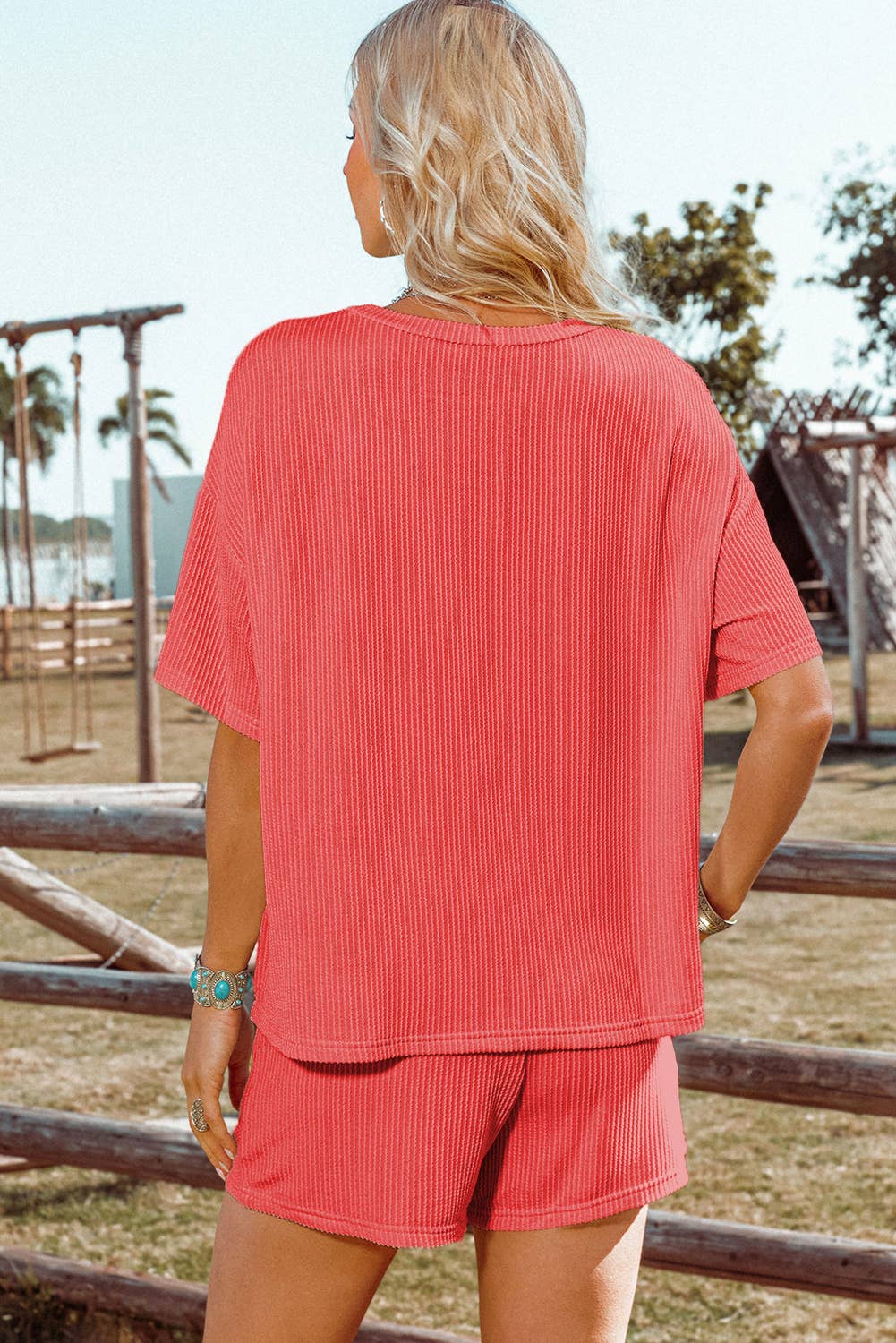 Ribbed Textured Knit Loose Fit Tee and Shorts Set