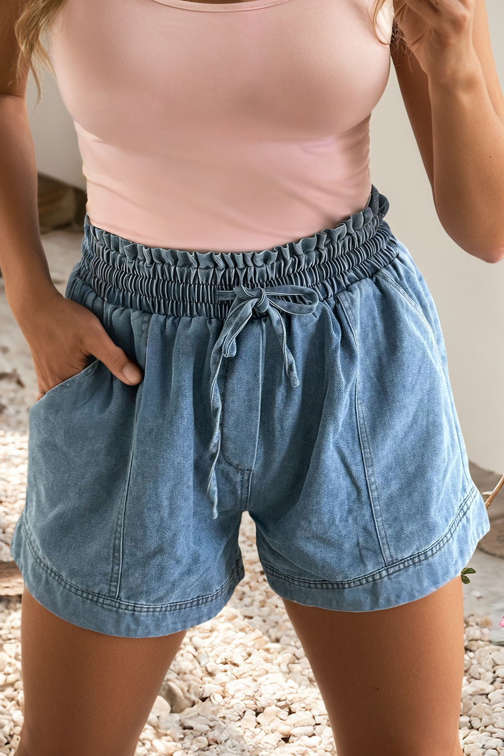Smocked Waist Denim Shorts