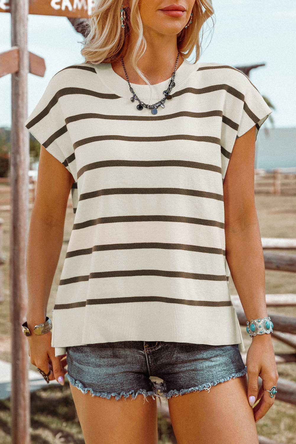 Stripe Side Slits Crewneck Short Sleeve Sweater Tee