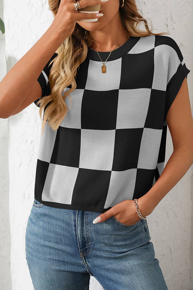 Cropped Color Block Crewneck Knit Checkerboard Sweater MD167